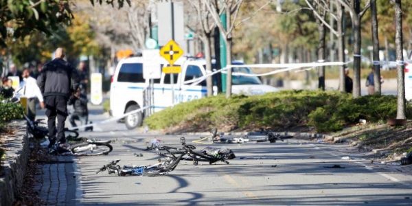 Multiple bikes are crushed along a bike path in lower Manhattan in New York
